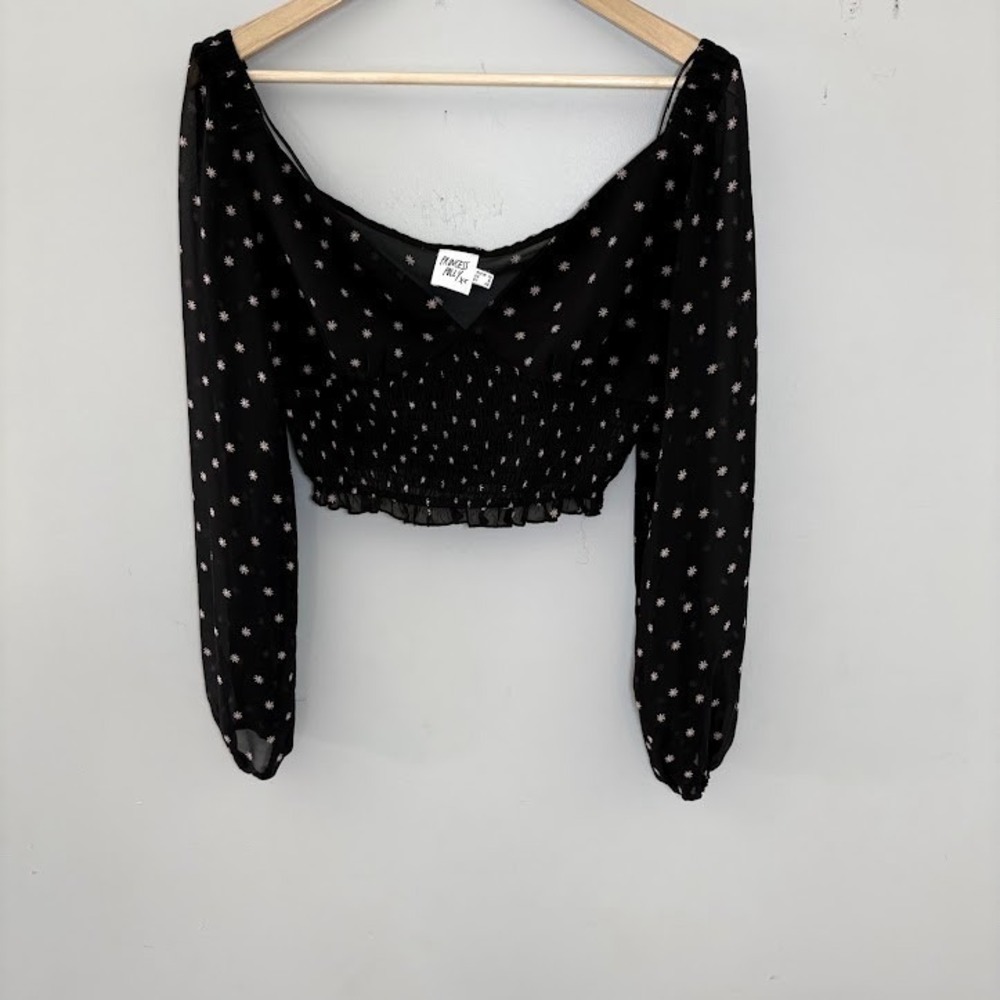 Princess Polly Camina Floral Long Sleeve Crop Top in Black & White Boho Size 8